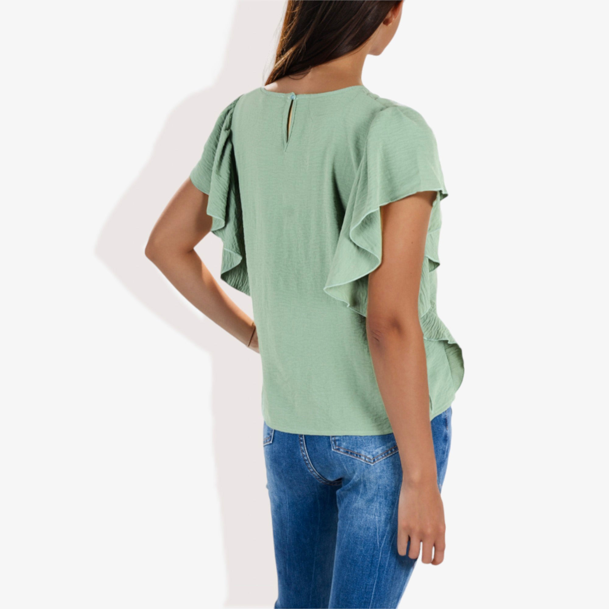 Blusa plisada de manga corta con volantes para mujer