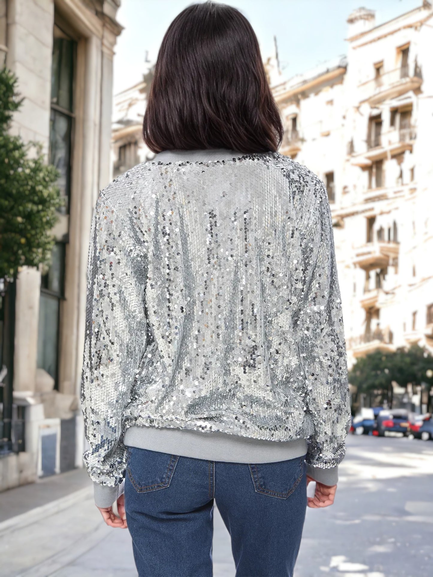 Sequin Sweatshirt Round Neck Long Sleeve Ribbed Cuffs Pullover
