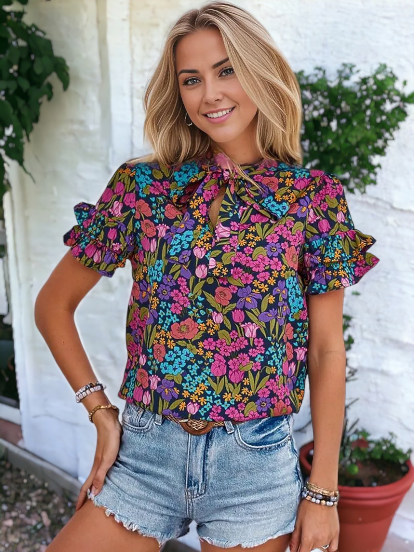 Floral Printed Tie Neck Ruffle Sleeve Blouse