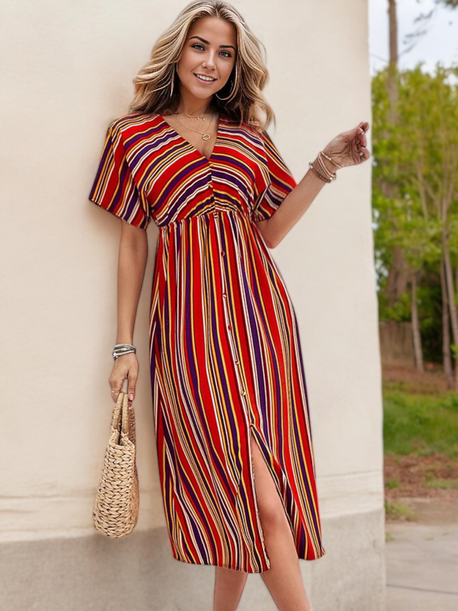 Short Sleeve Button Down Midi Dress with Colorful Stripes