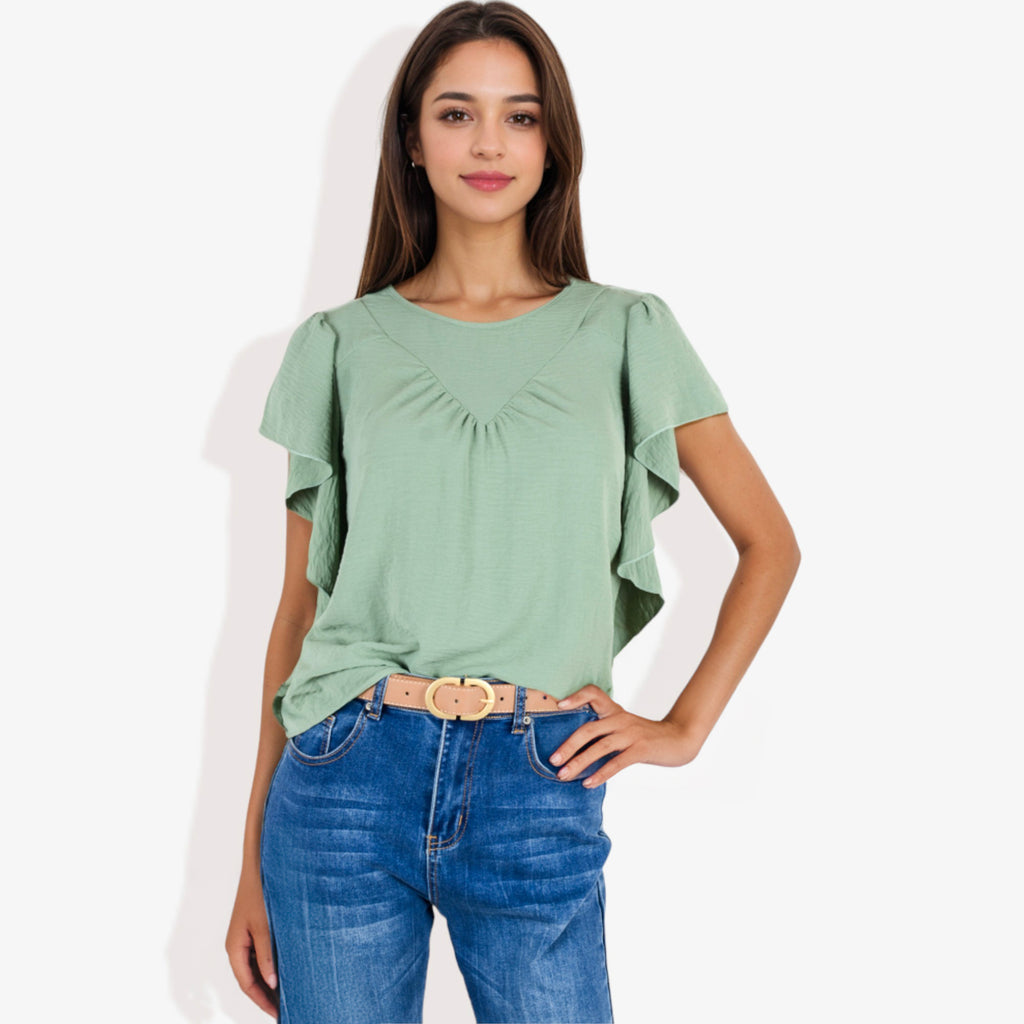 Blusa plisada de manga corta con volantes para mujer