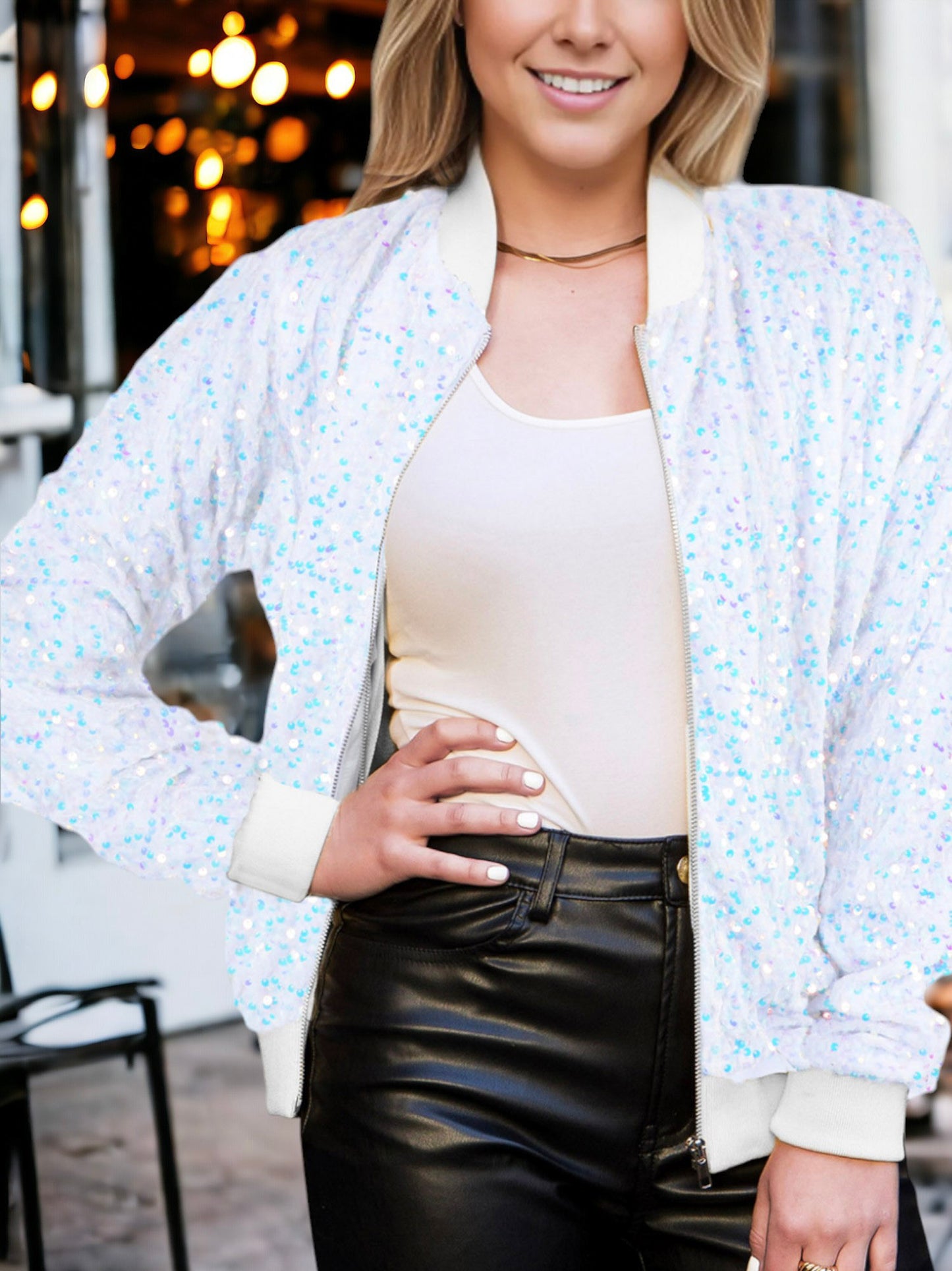Chaqueta bomber de terciopelo con cremallera y mangas largas con lentejuelas brillantes