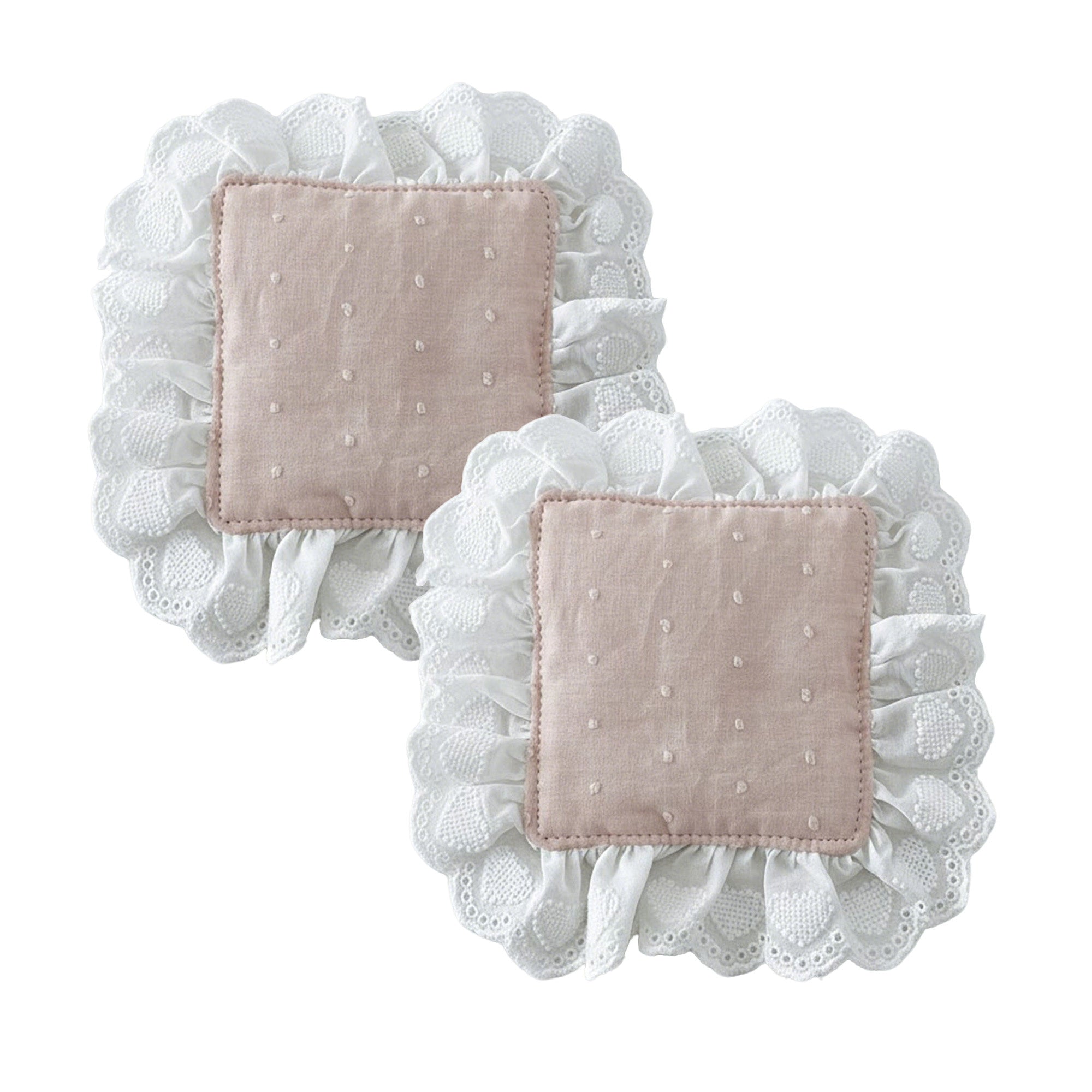 Anna-Kaci 2-PC Lace Trim Square Fabric Cup Coaster with Soft Padded Center and Embroidered Detail