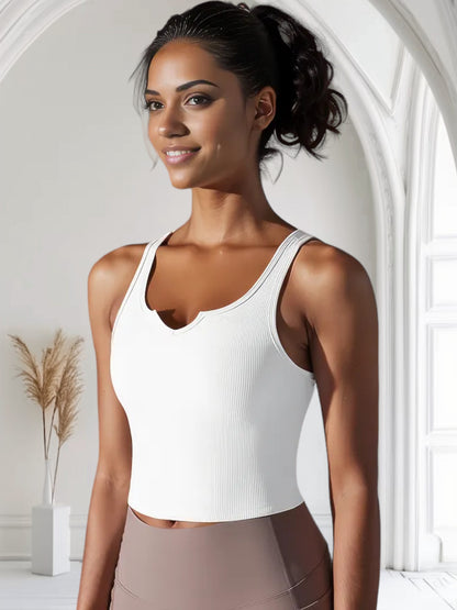 Women's Ribbed Knit Crop Top with Notch Neckline and Sleeveless Design