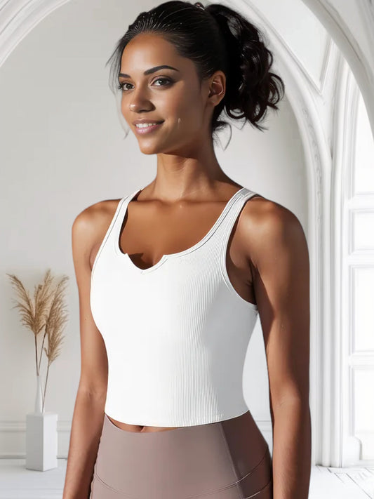Women's Ribbed Knit Crop Top with Notch Neckline and Sleeveless Design