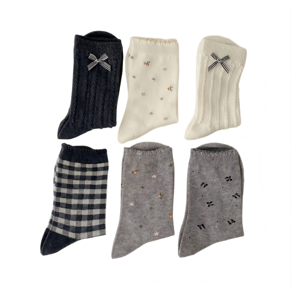 Anna-Kaci Women's 6-Pair Knit Crew Socks with Bow Detail Mixed Patterns Soft Stretch Casual Everyday Socks