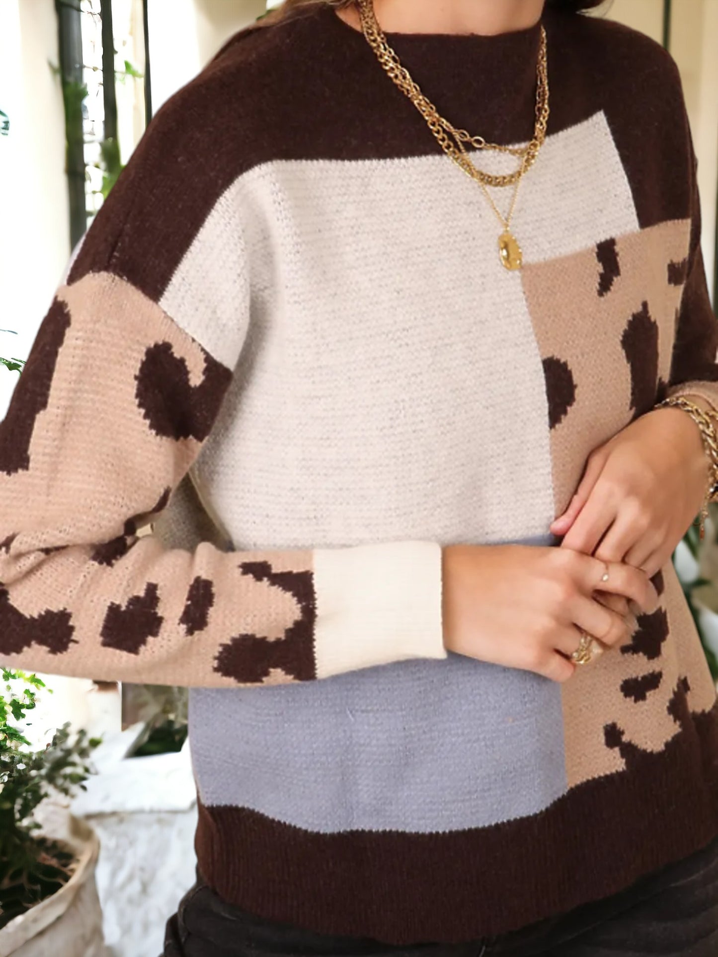 Random Color Block Leopard Sweater
