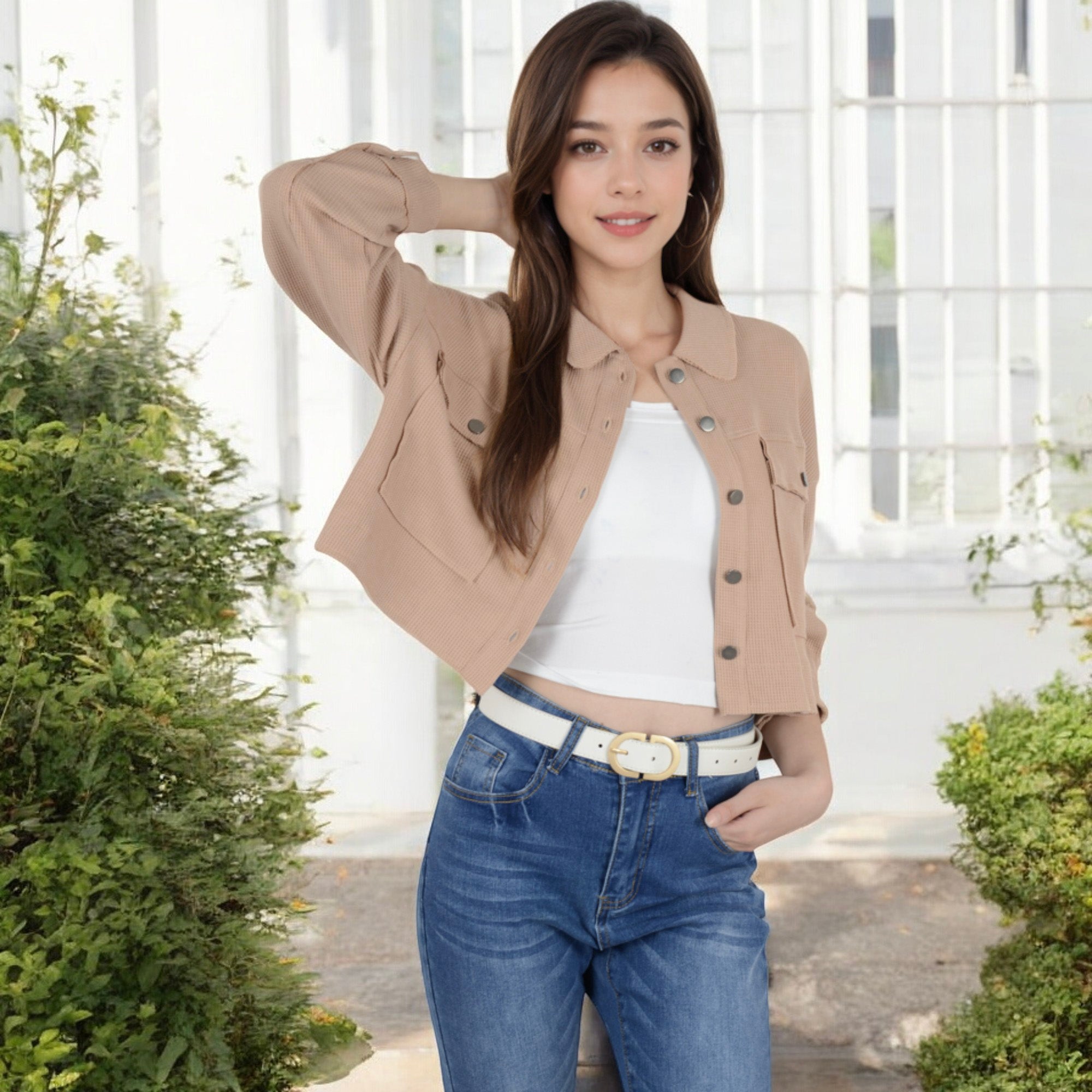 Anna-Kaci Women's Cropped Button-Up Jacket with Chest Pockets and Collared Neckline