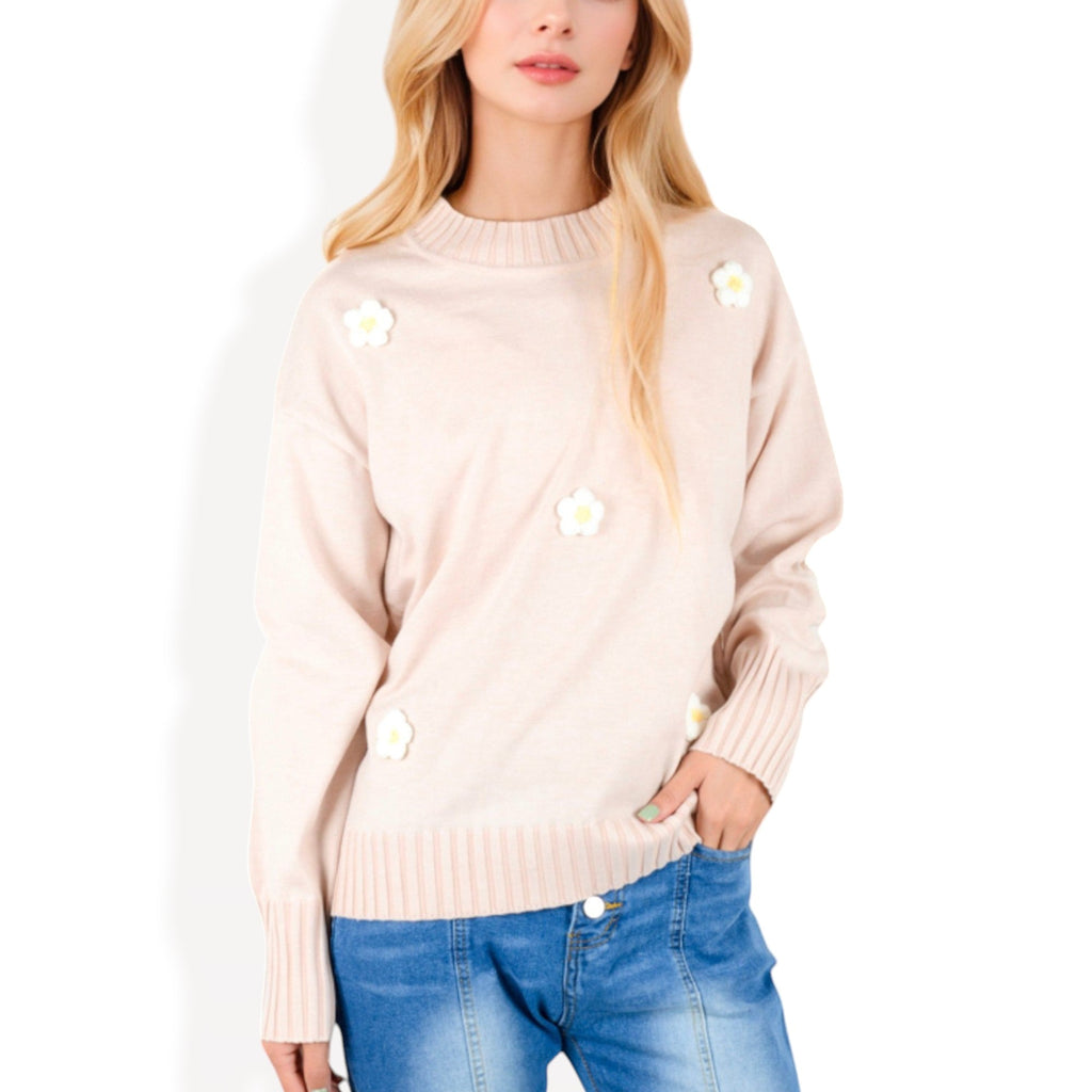Anna-Kaci Women's Knit Pullover Sweater with Embroidered 3D Floral Appliques