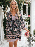 Boho Paisley Floral Print Knotted V-Neck Long Sleeve Dress