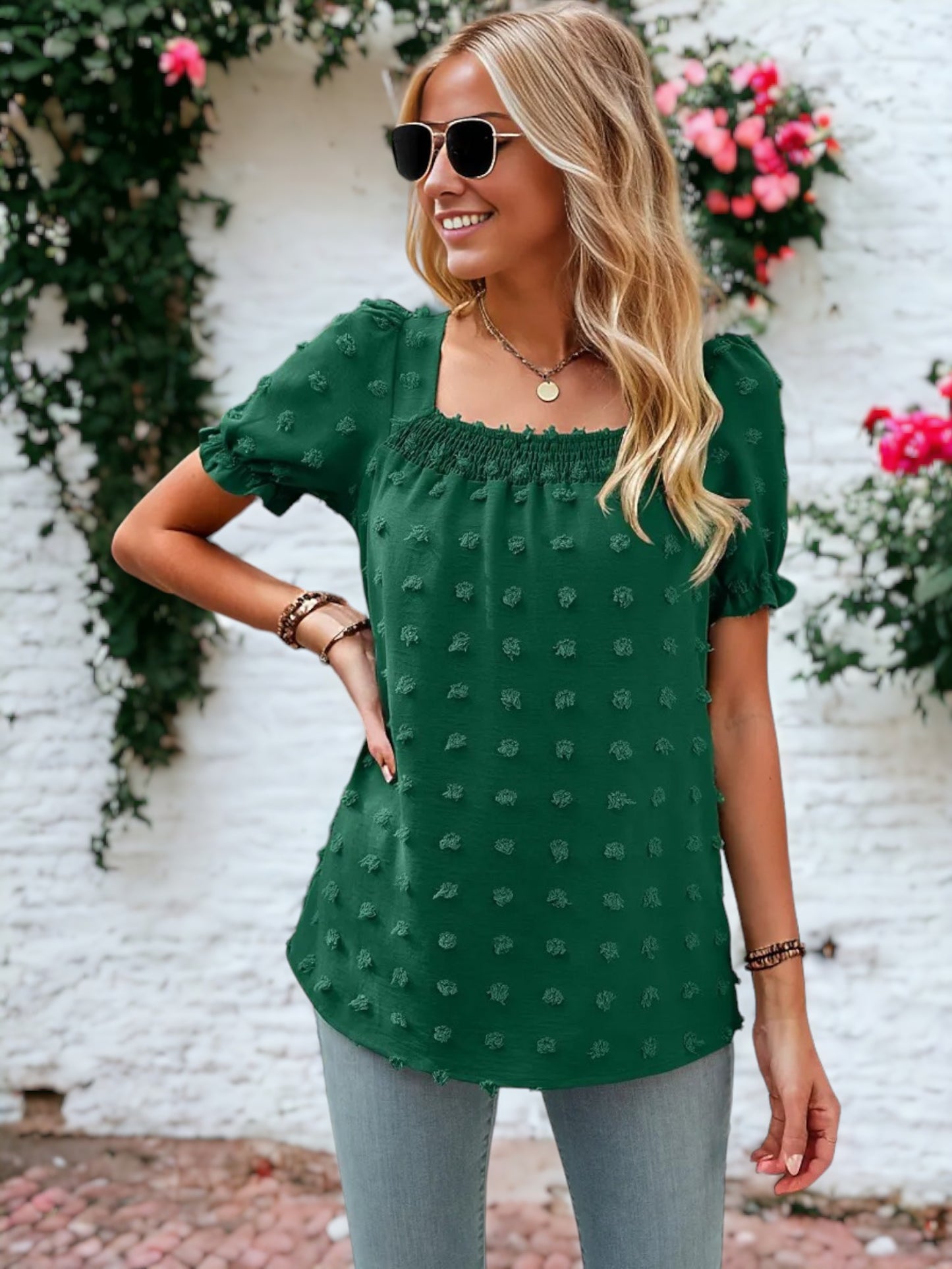 Shirred Square Neck Puff Sleeve Blouse
