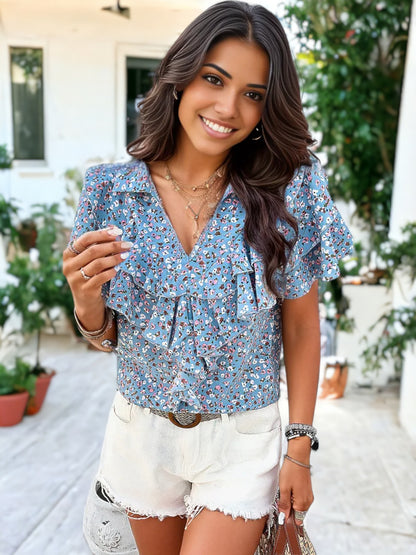 Collar Neck Ruffle Detail Short Sleeve Floral Printed Blouse