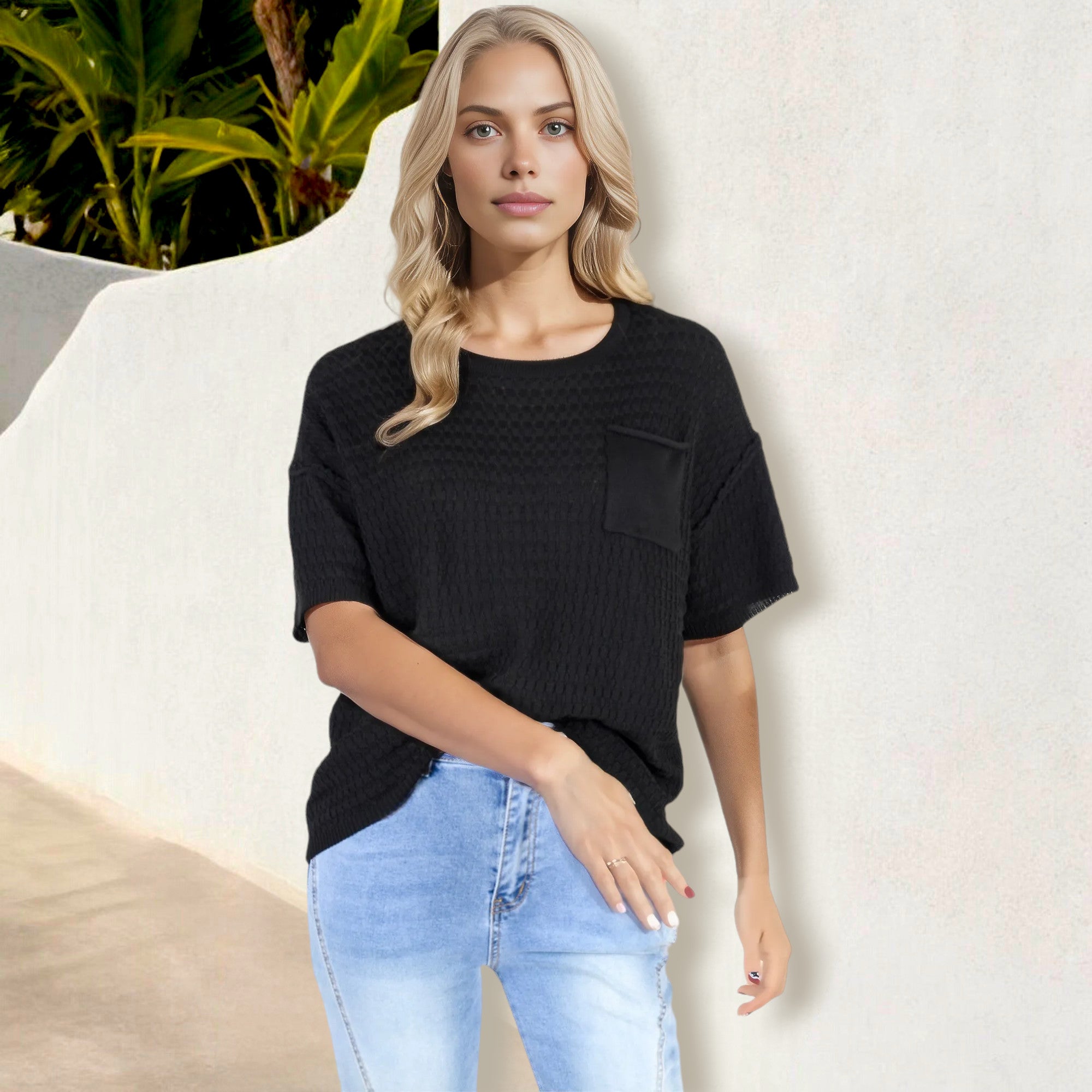 Camiseta de manga corta de punto gofrado para mujer de Anna-Kaci con bolsillo en el pecho
