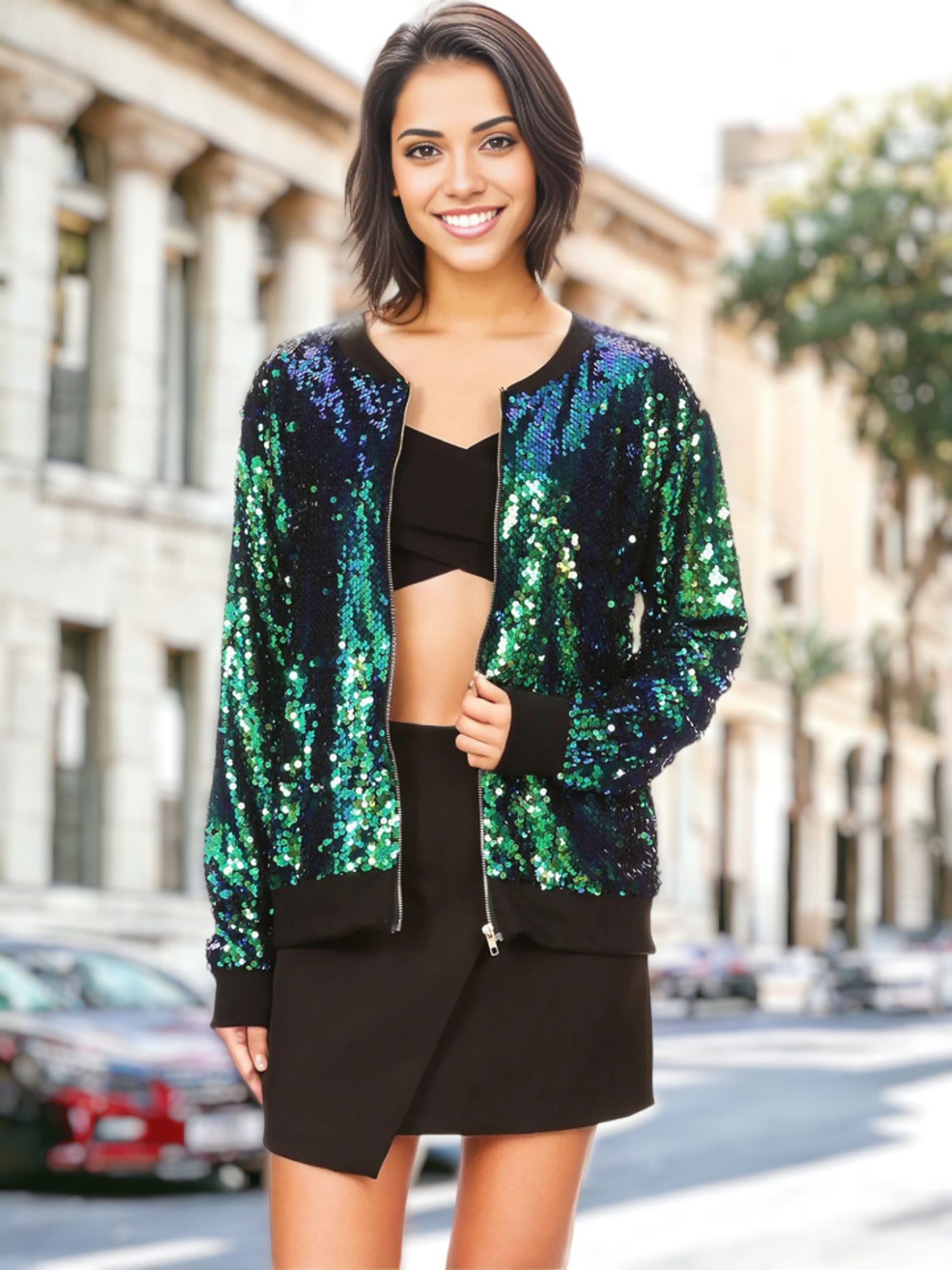 Chaqueta bomber lisa con cremallera y lentejuelas en colores brillantes 