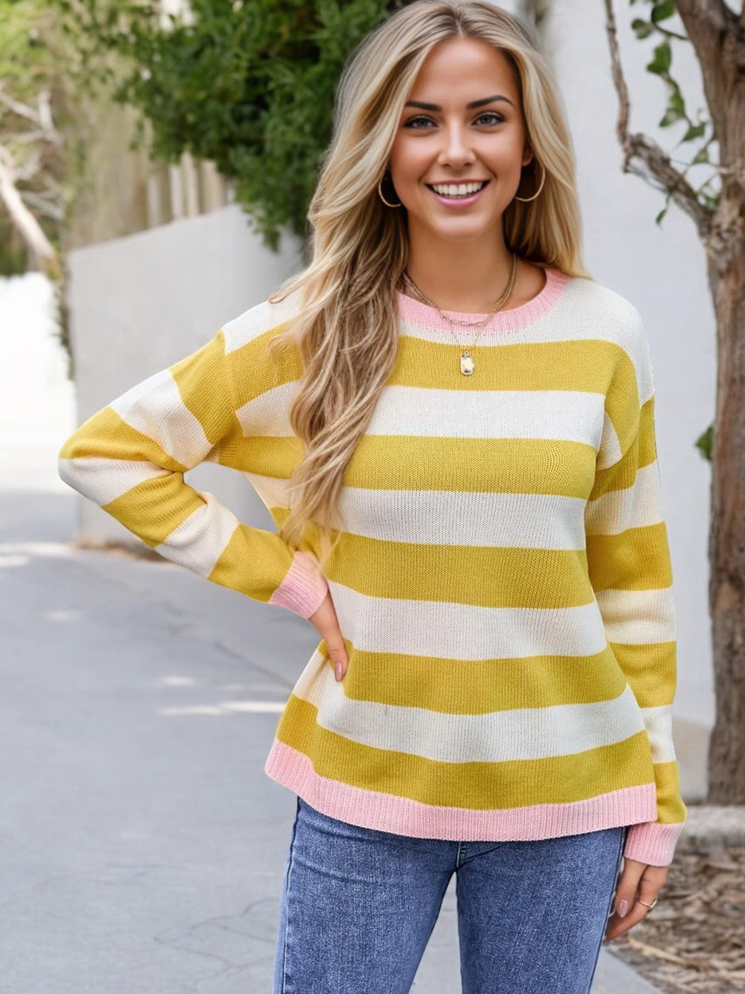 Anna-Kaci Women's Long Sleeve Striped Knit Sweater with Ribbed Cuffs and Hem