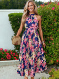 Vestido largo plisado con cinturón y estampado floral estilo halter