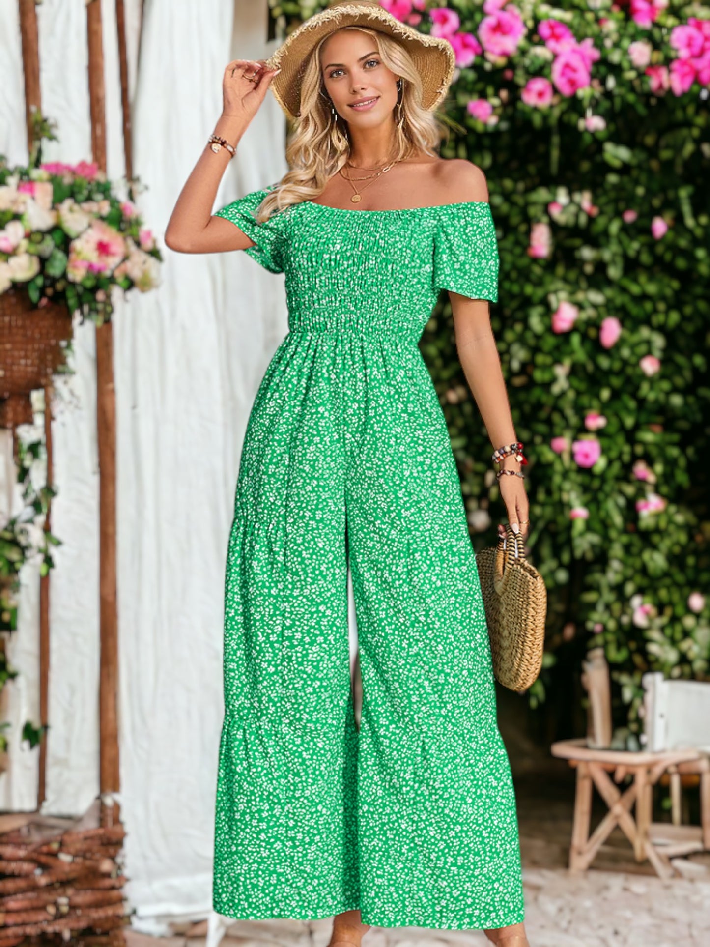 Leopard Printed Round Neck Cap Sleeve Gathered Jumpsuit