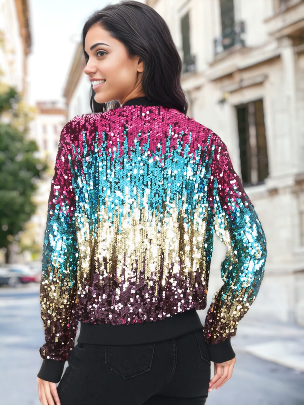 Chaqueta bomber con cremallera y destellos ombré de lentejuelas