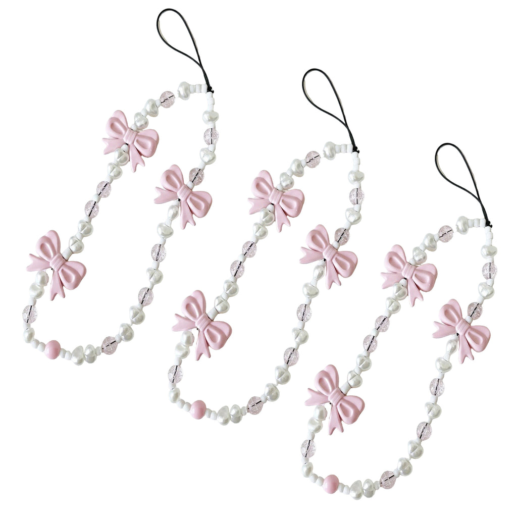 Anna-Kaci 3-PC Beaded Bow Phone Charm Strap with Pearl-Style Beads and Decorative Accents