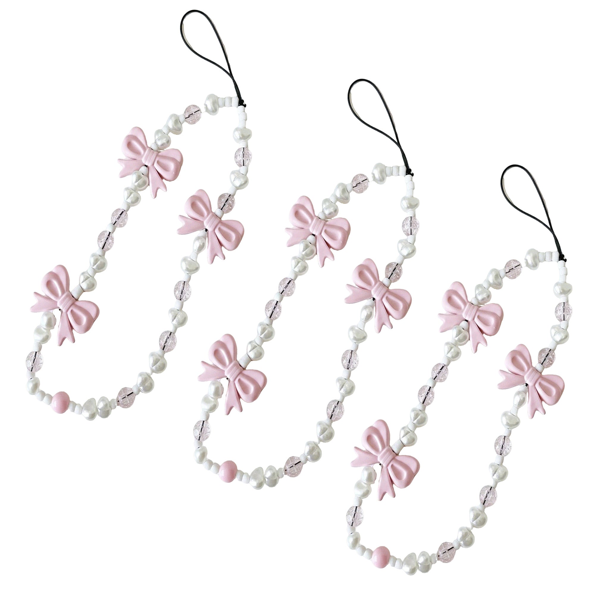 Anna-Kaci 3-PC Beaded Bow Phone Charm Strap with Pearl-Style Beads and Decorative Accents