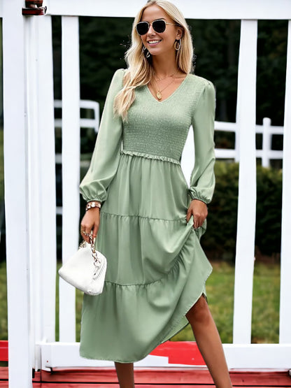 Shirred V Neck Tiered Dress