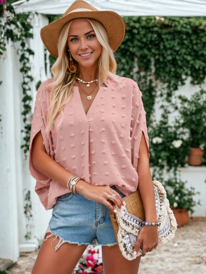 Notched V-Neck Clip Dot Cap Tulip Sleeve Blouse