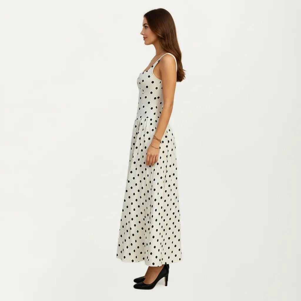 Anna-Kaci Women's Polka Dot Midi Dress with Square Neckline Wide Straps Fitted Bodice Pleated A Line Skirt Silhouette