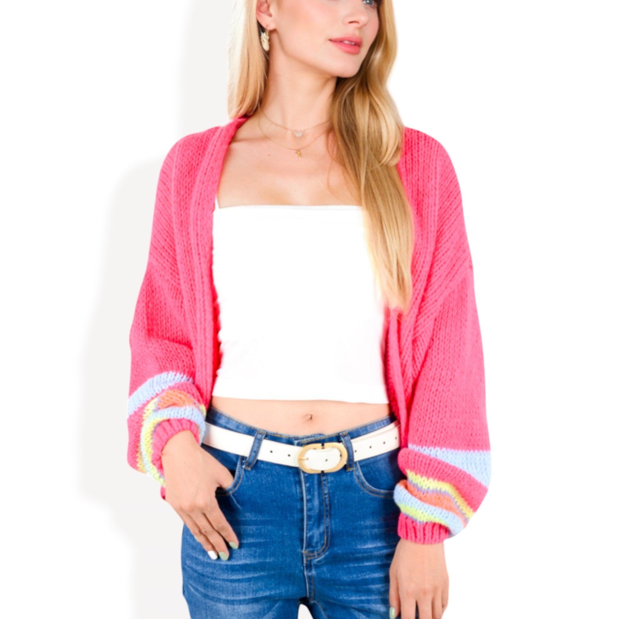 Anna-Kaci Women's Open Knit Cardigan with Bold Stripes and Balloon Sleeves