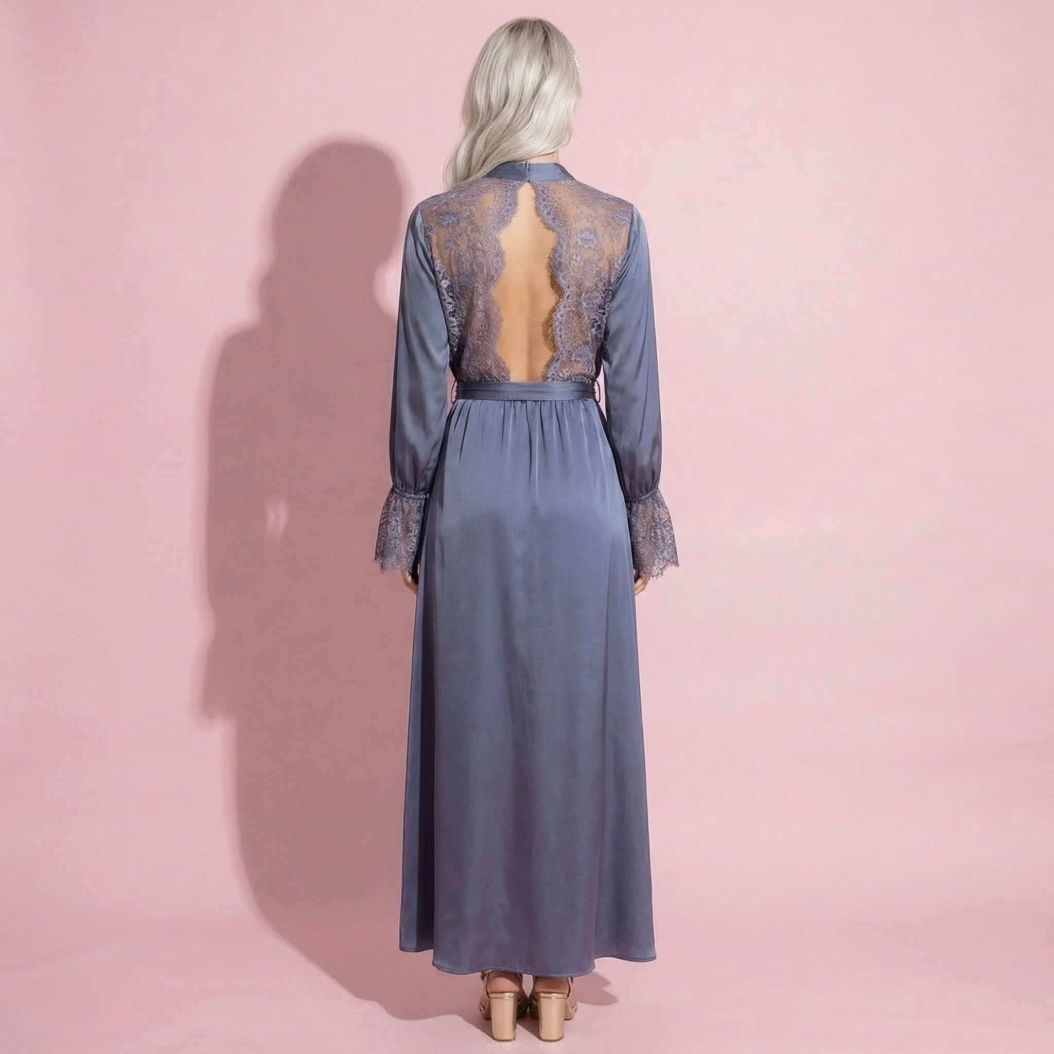 Anna-Kaci Lounge Women's Satin Wrap Robe Dress with Long Sleeves Lace Cuff Detail and Adjustable Tie Waist in Flowy Maxi Silhouette