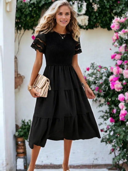 Solid Color Hallow Eyelet Sleeve Tier Midi Dress