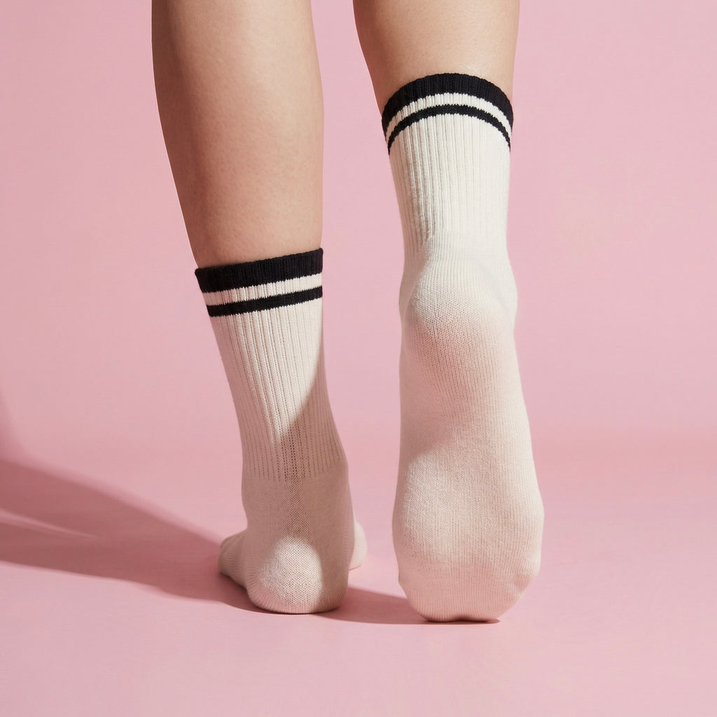 Anna-Kaci Women's 4-Pack Ribbed Crew Socks with Double Stripe Cuff Soft Stretch Fit in Neutral Tones