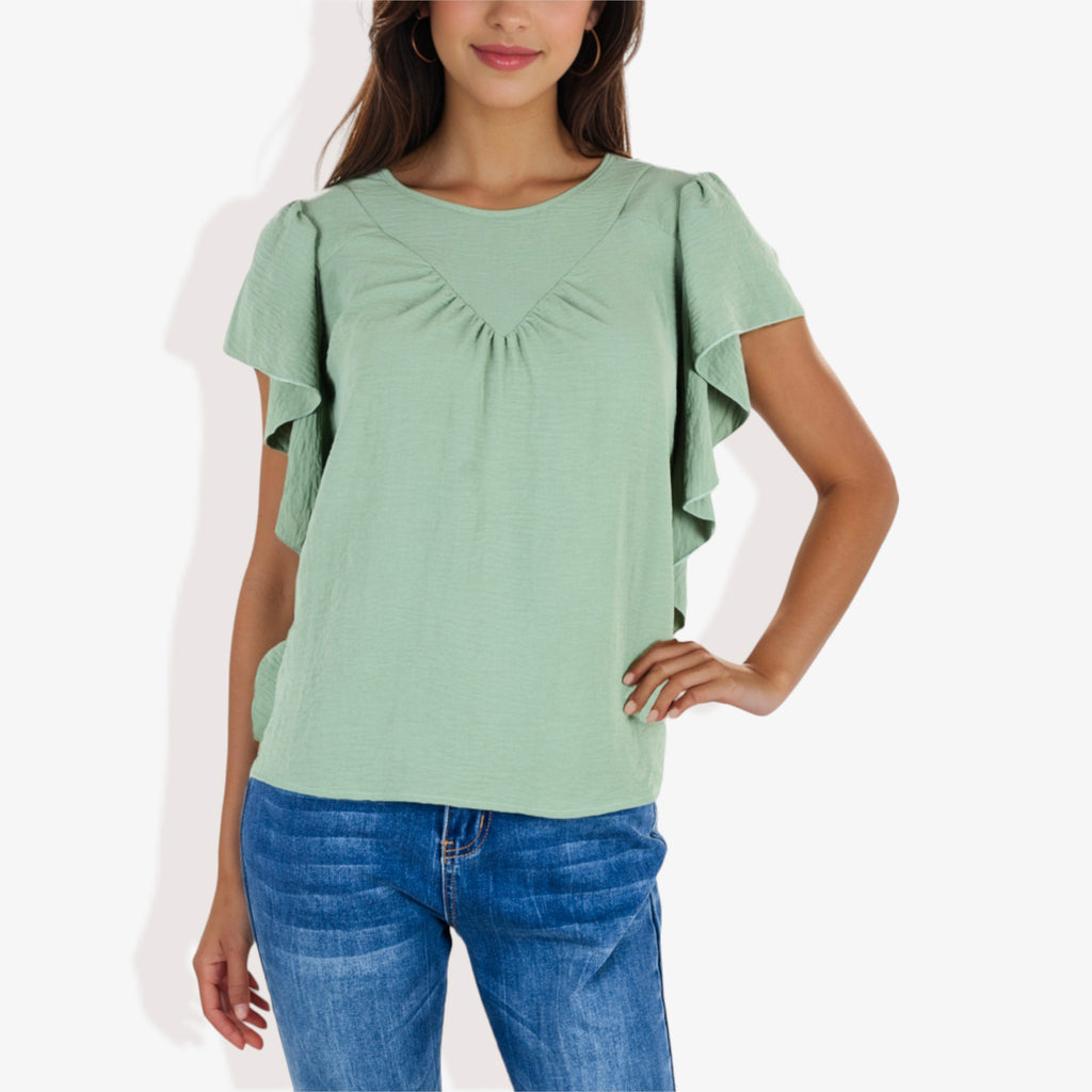 Blusa plisada de manga corta con volantes para mujer