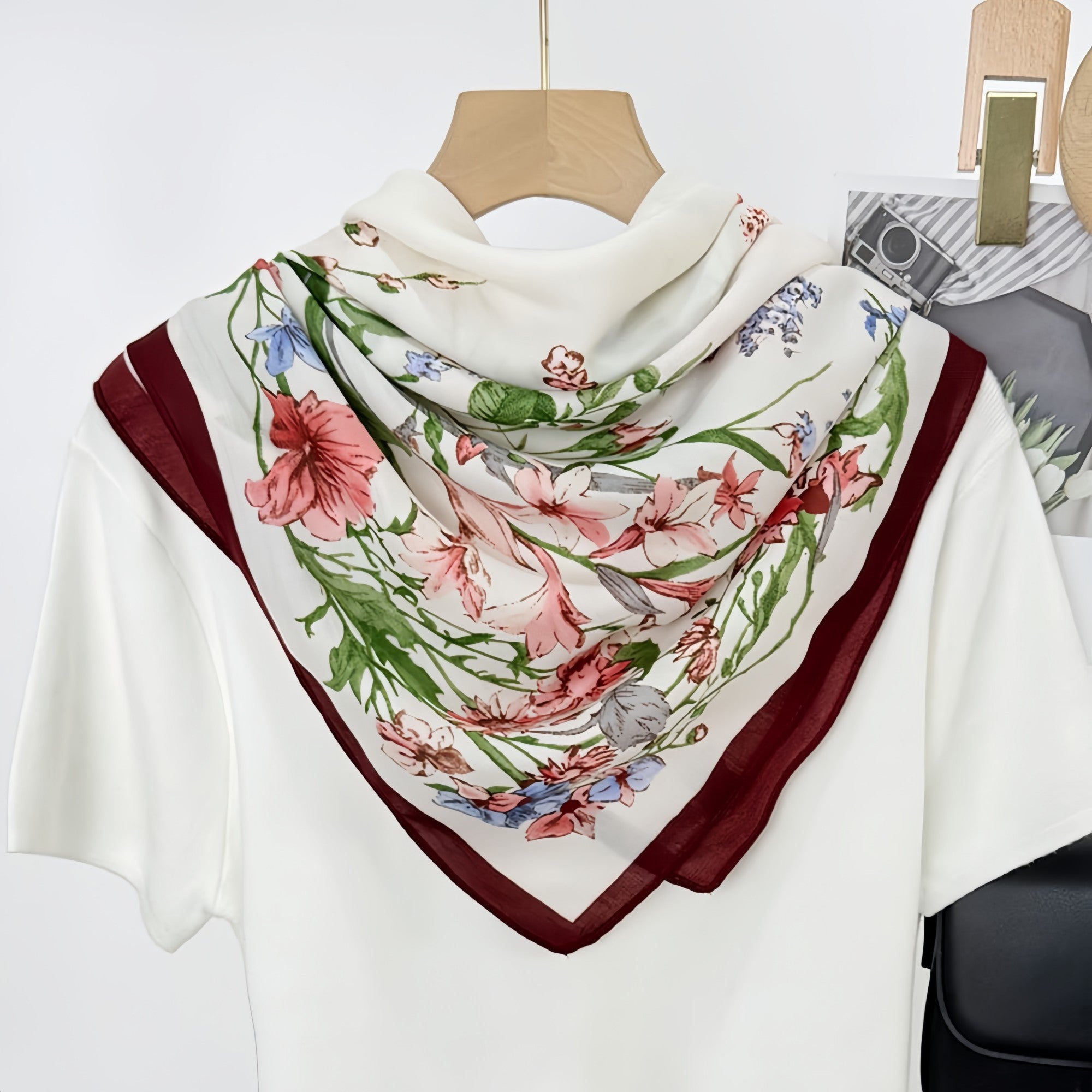 Anna-Kaci Women's Floral Print Square Scarf with Lightweight Draped Fabric, Soft Smooth Texture, and Elegant Border Detailing 35.5x35.5in