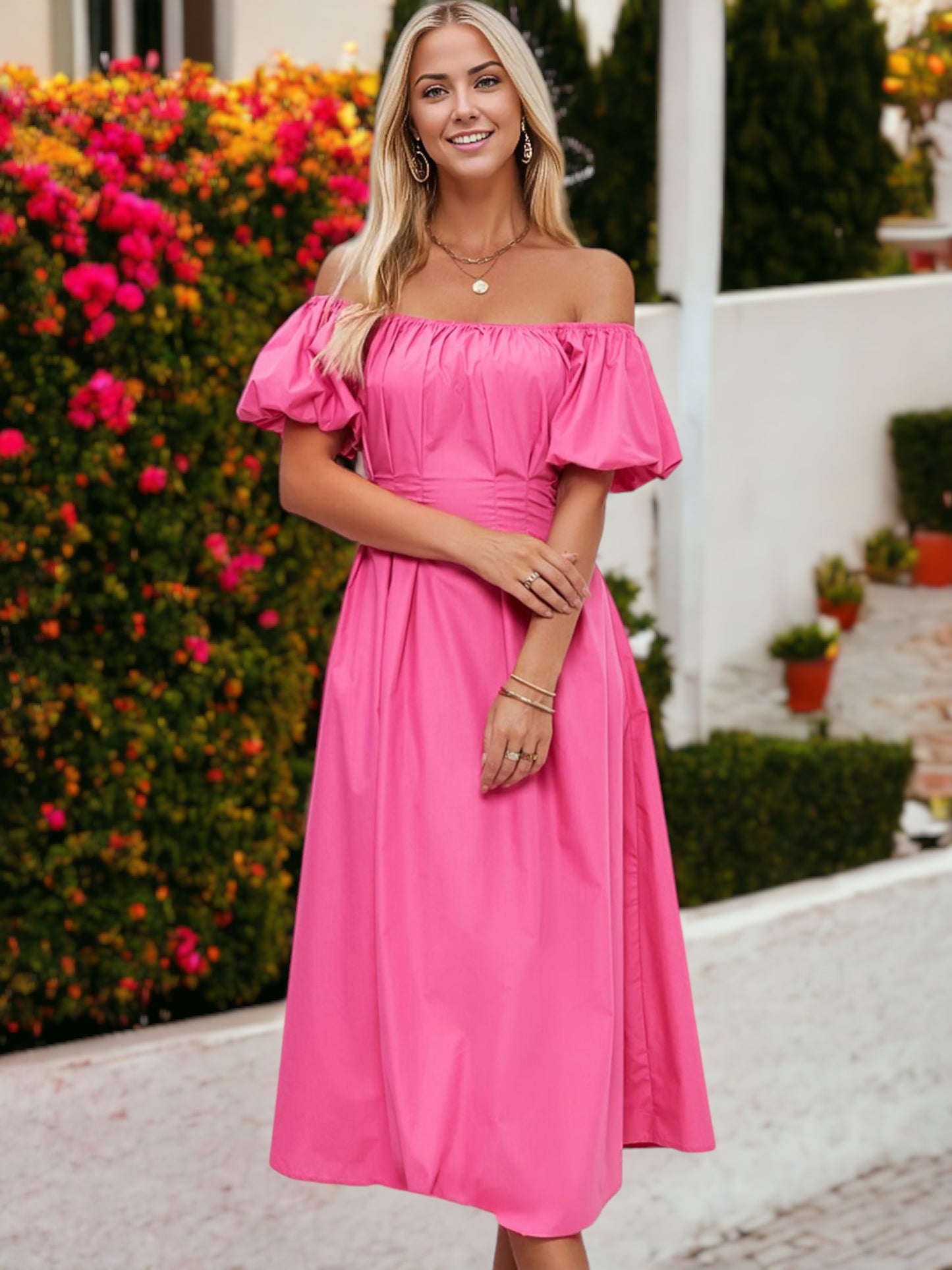 Off Shoulder Puffed Sleeve Pleated Detail Mid Length Dress