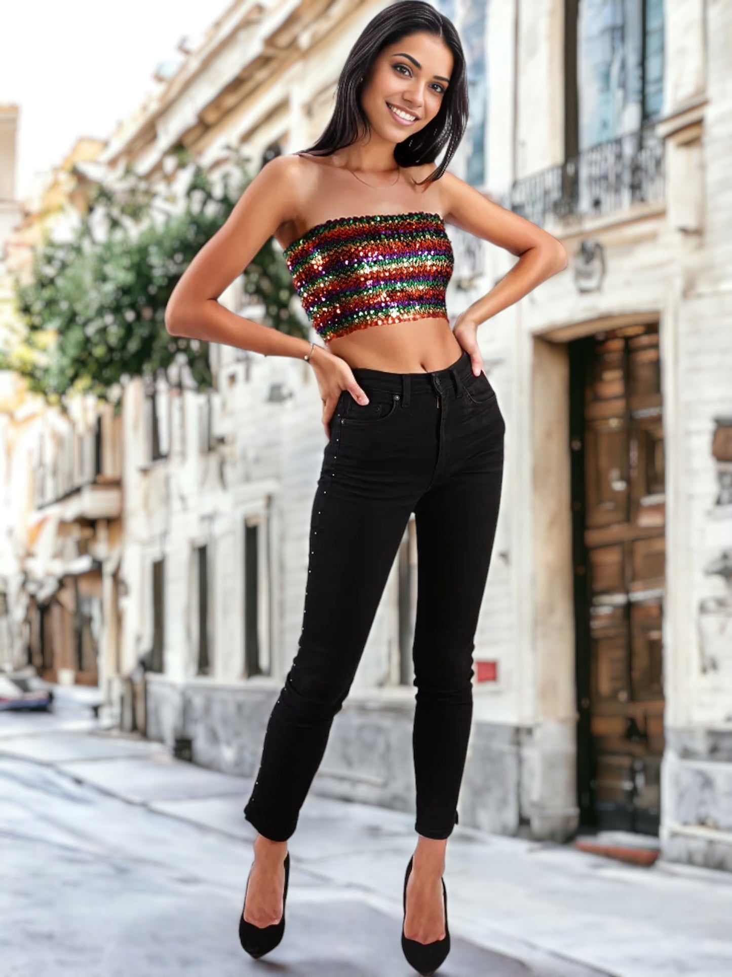 Bandeau sin tirantes con lentejuelas brillantes