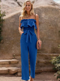 Strapless Ruffle Jumpsuit with Waist Tie and Wide Leg Fit