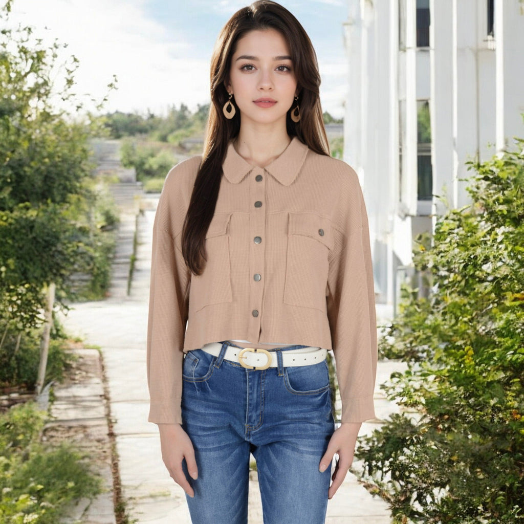 Anna-Kaci Women's Cropped Button-Up Jacket with Chest Pockets and Collared Neckline