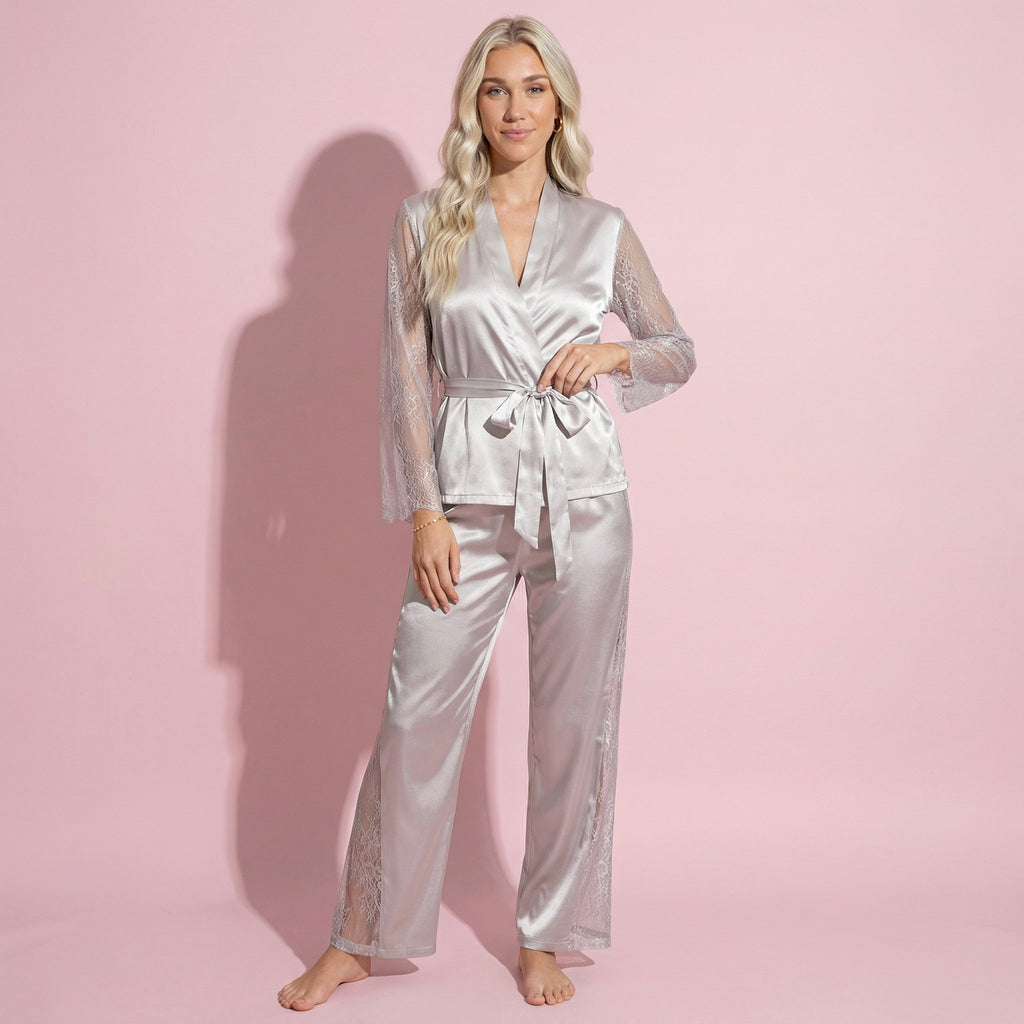Anna-Kaci Lounge Women's Satin Pajama Set with Lace Sleeve Detail and Matching Tie-Waist Top and Straight-Leg Pants