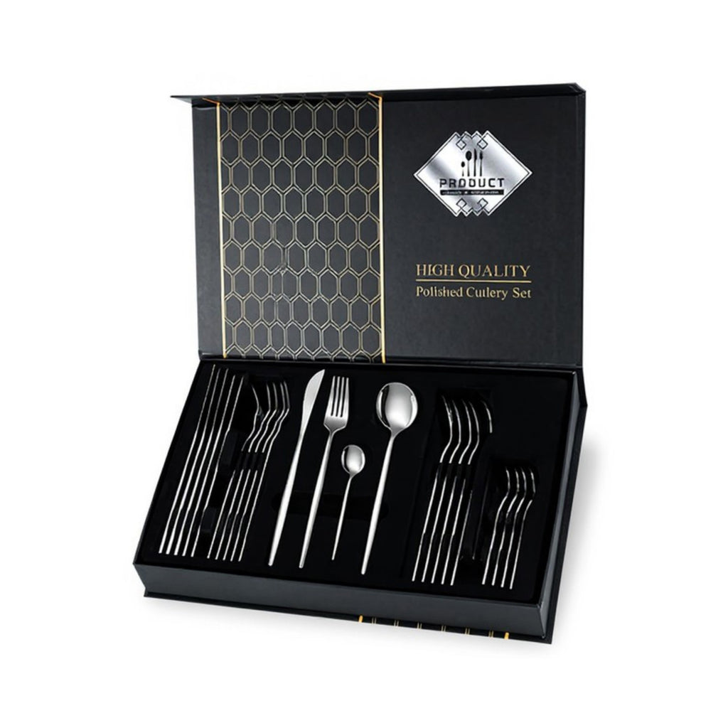 Anna-Kaci Polished Cutlery Set with Coordinated Flatware Pieces and Decorative Storage Box