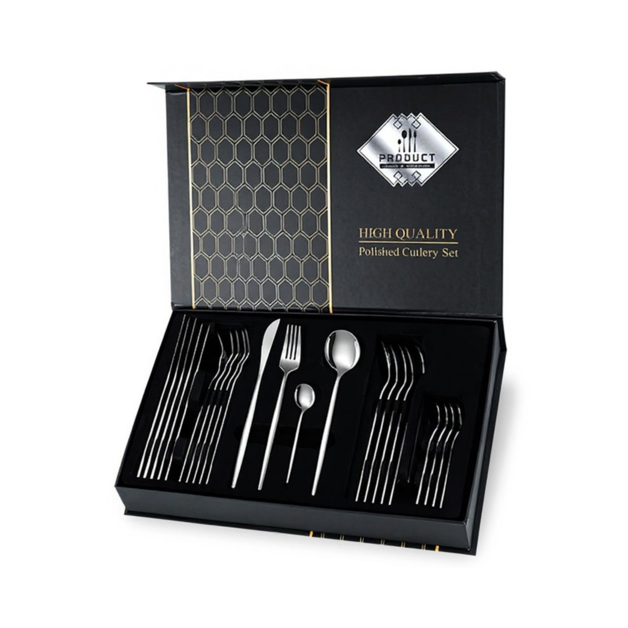 Anna-Kaci Polished Cutlery Set with Coordinated Flatware Pieces and Decorative Storage Box