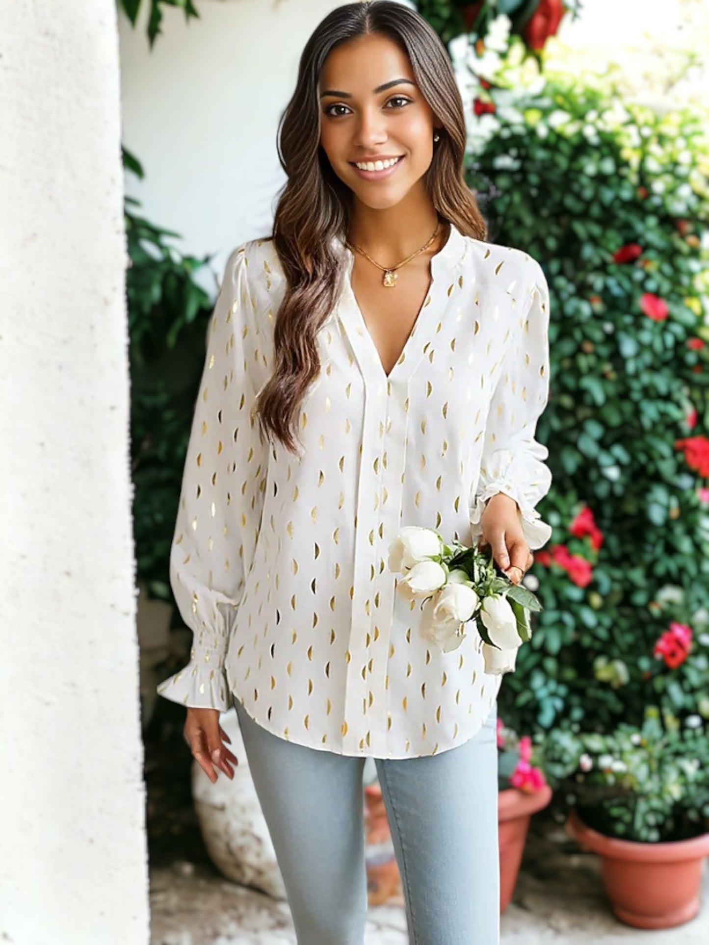 Geometric Print V Neck Blouse