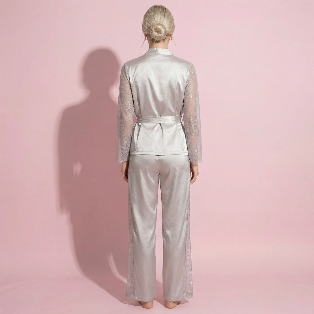 Anna-Kaci Lounge Women's Satin Pajama Set with Lace Sleeve Detail and Matching Tie-Waist Top and Straight-Leg Pants
