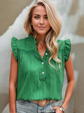 Sleeveless Button-Front Blouse with Lace Detail and Ruffle Trim