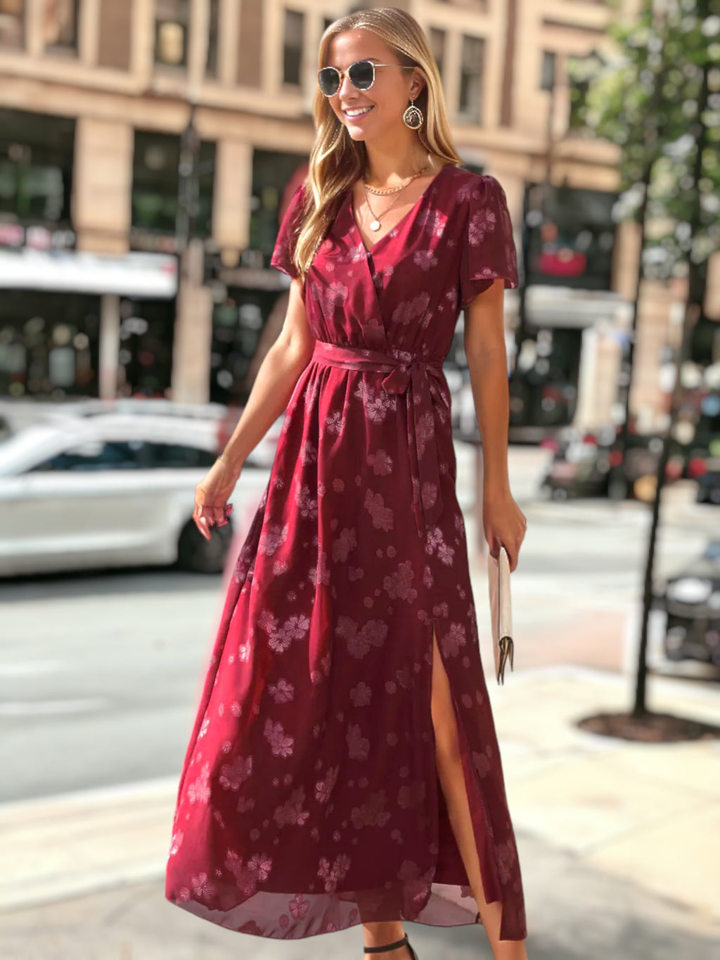 Vestido cruzado con detalle floral transparente