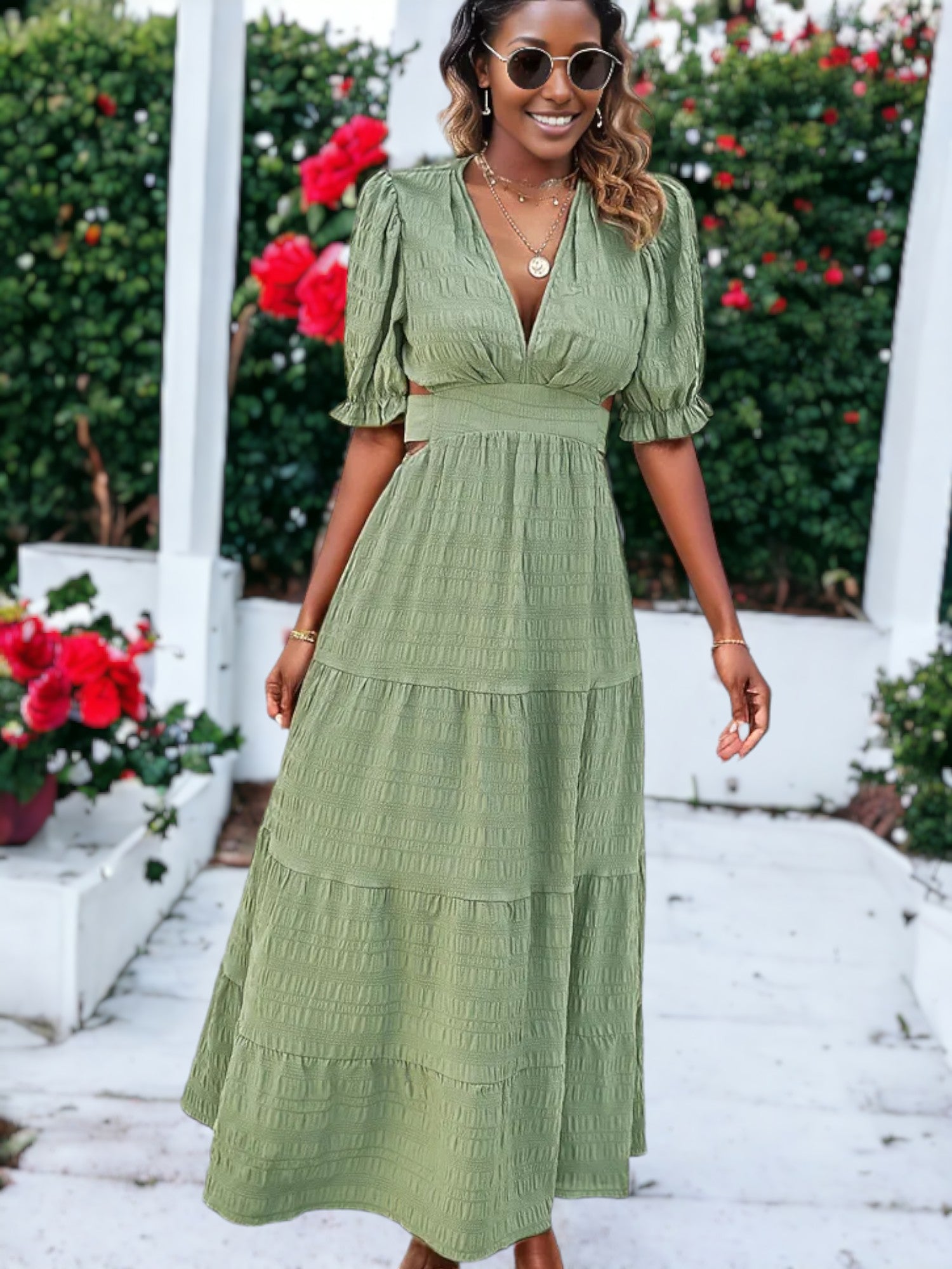Solid Color V-Neck Textured Puffed Sleeve Maxi Dress