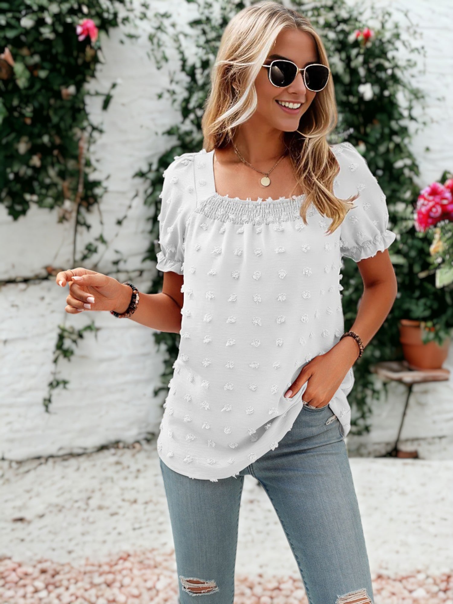 Shirred Square Neck Puff Sleeve Blouse
