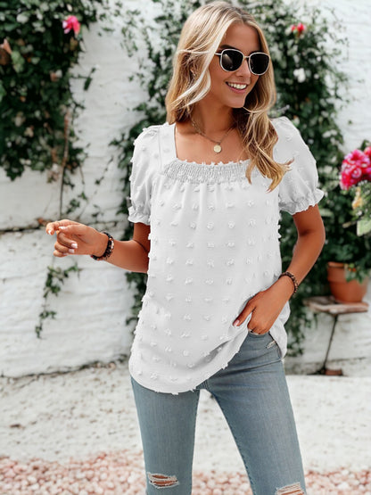 Shirred Square Neck Puff Sleeve Blouse