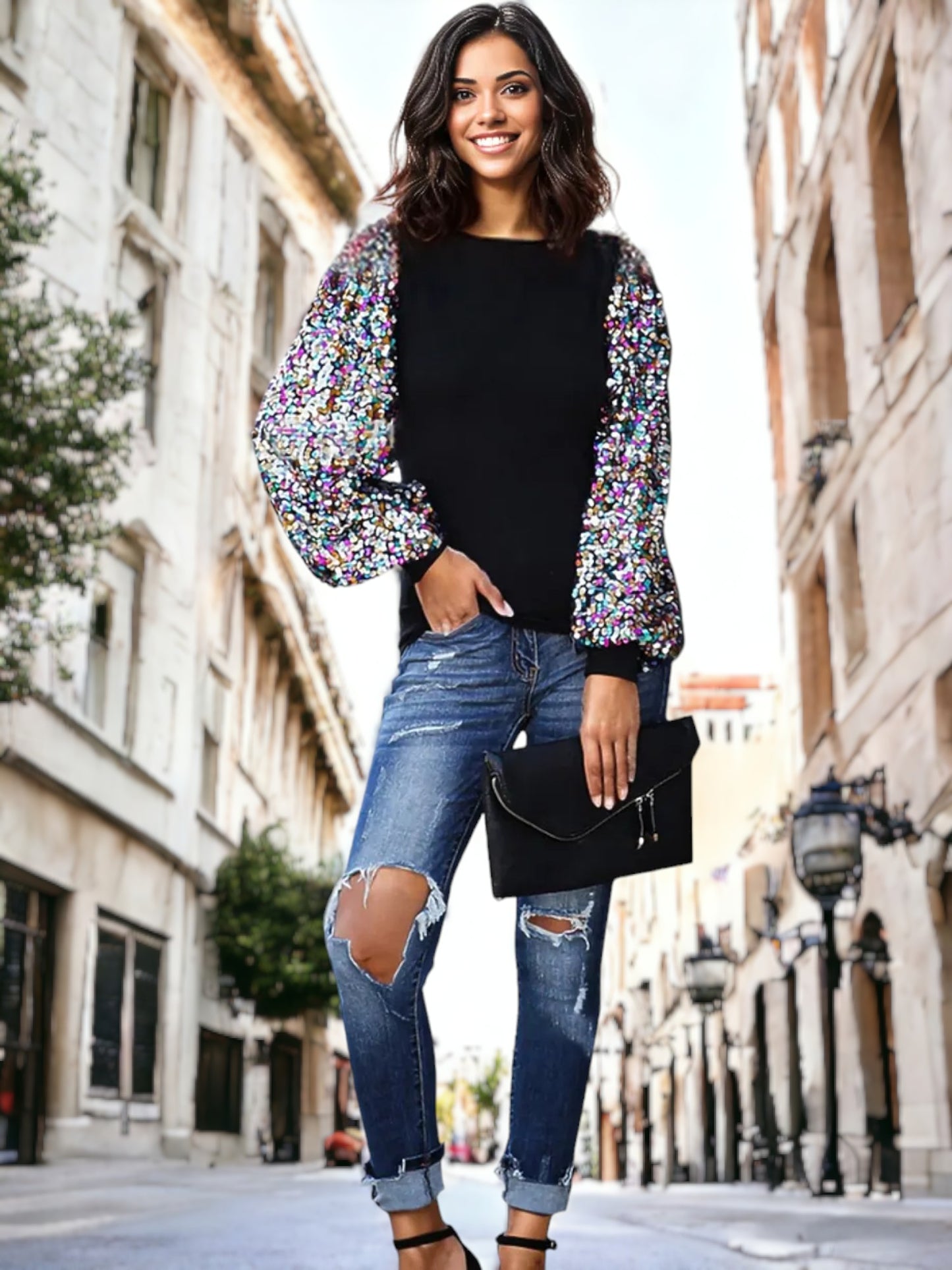 Sequin Puffed Long Sleeve Mock Neck Pullover