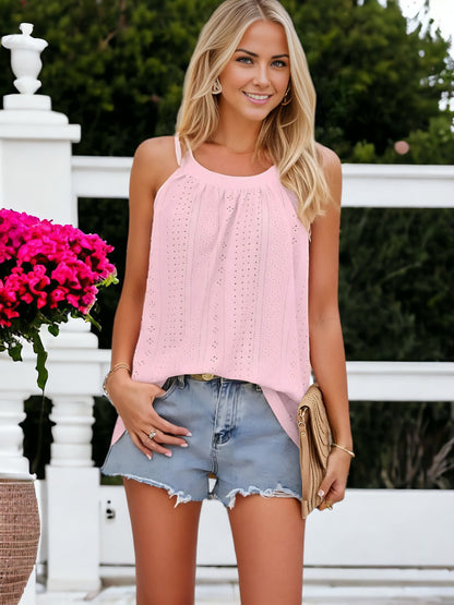 Loose Round Neck Pleated Eyelet Sleeveless Suspender Blouse