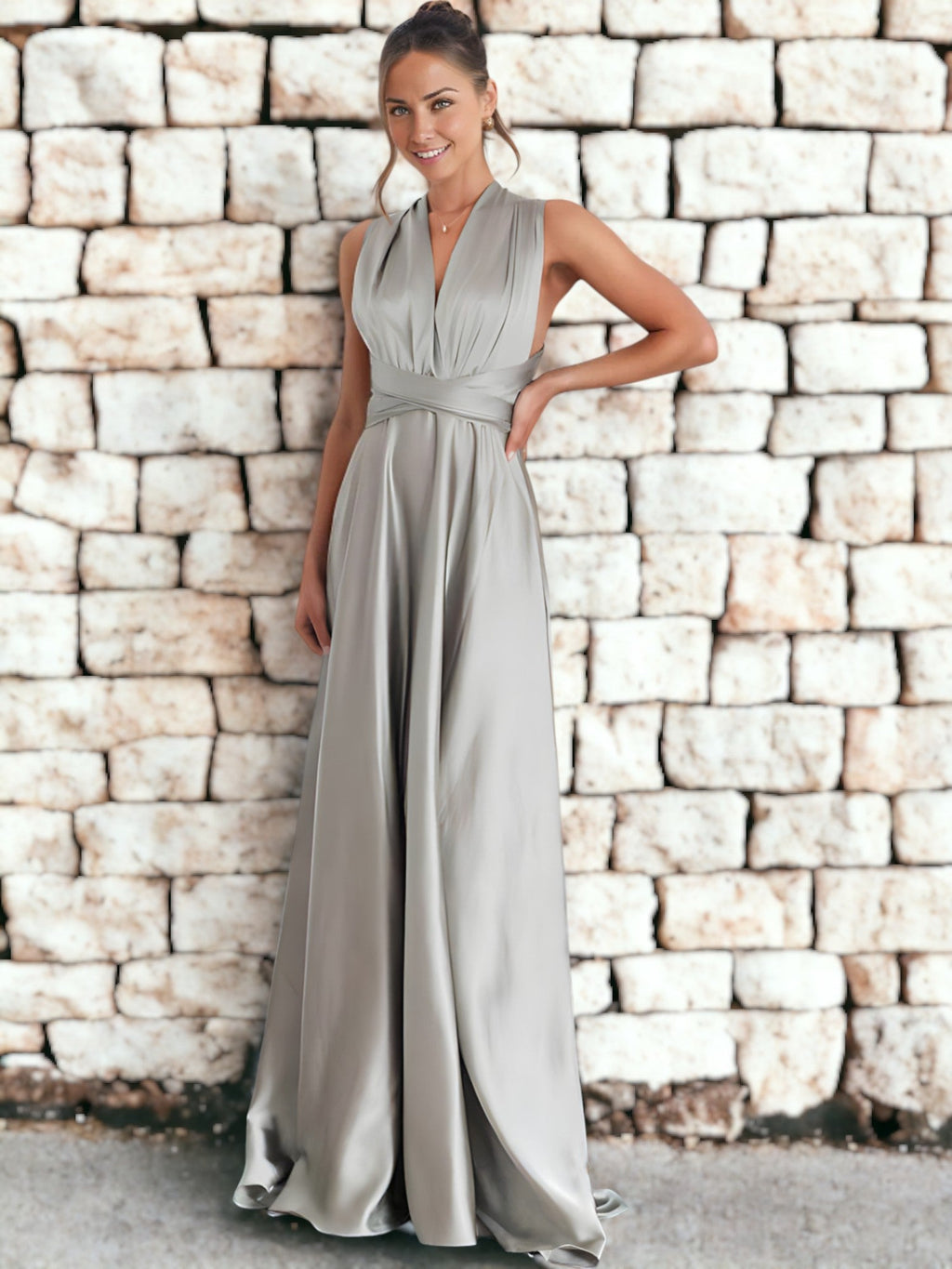 Vestido largo multiusos con escote en V y espalda descubierta